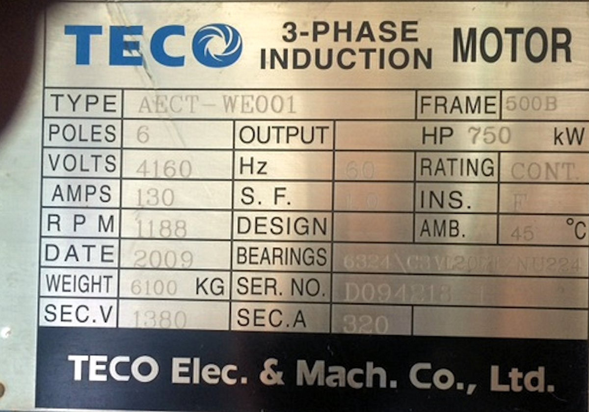 2 Units - Teco 750 Kw (1020 Hp) 3-phase Induction Motors, 1182 Rpm, 60 Hz)